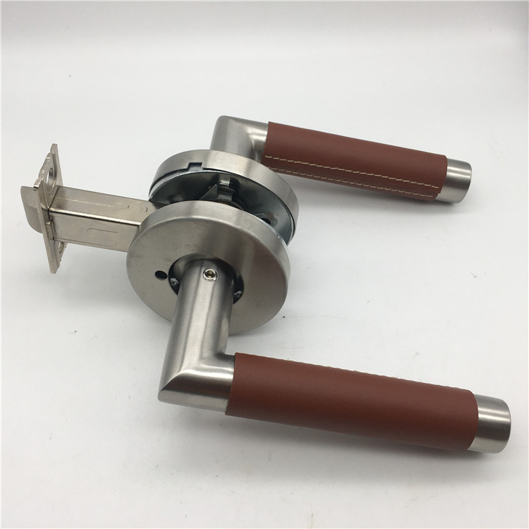 Stainless Steel Brown Leather And Stain Nickel Lever on Rose Door Handle Locks
